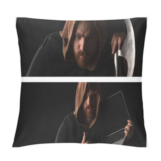 Personality  Collage Of Frowning Medieval Scottish Redhead Man With Battle Axe And Laptop In Dark Isolated On Black Pillow Covers