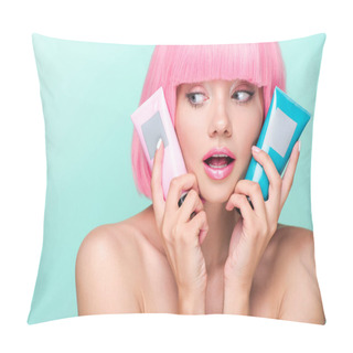 Personality  Beautiful Young Woman With Tubes Of Coloring Hair Tonics Isolated On Turquoise Pillow Covers