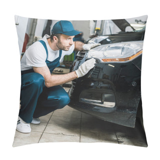 Personality  Handsome Bearded Car Mechanic Looking At Tail Light In Black Car  Pillow Covers