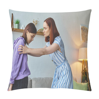Personality  Irritated Woman Shaking Shoulders Of Offended Teenage Daughter During  Quarrel At Home Pillow Covers