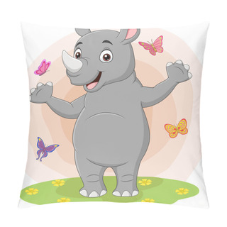 Personality  Vector Illustration Of Cartoon Happy Rhino With Butterflies In The Grass Pillow Covers