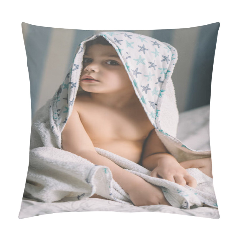 Personality  Cute Child, Wrapped In Hooded Towel, Sitting On Bed And Looking At Camera Pillow Covers