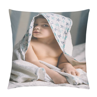 Personality  Cute Child, Wrapped In Hooded Towel, Sitting On Bed And Looking At Camera Pillow Covers