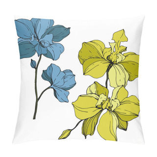 Personality  Vector Yellow And Blue Orchids Isolated On White. Engraved Ink Art. Pillow Covers