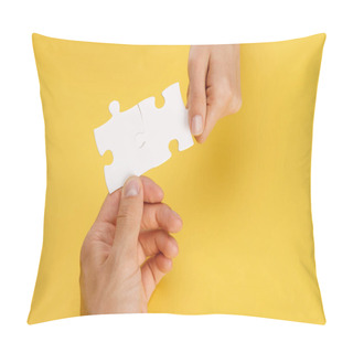 Personality  Cropped View Of Man And Woman Holding Pieces Of White Puzzle On Yellow Background Pillow Covers