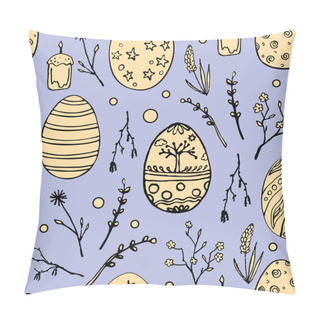 Personality  Seamless Easter Pattern With Doodle Ornamental Eggs And Floral Motifs. Vintage Spring Holiday Background. Hand Drawn Vector Pillow Covers
