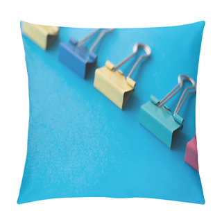 Personality  Flat Lay Of Colorful Pastel Fold Back Clips On Blue Pillow Covers