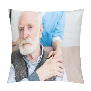 Personality  Cropped View Of Nurse Standing Behind Senior Man, Putting Hand On His Shoulder Pillow Covers