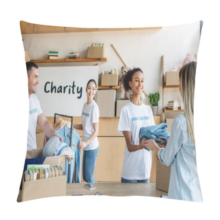 Personality  Pretty African American Girl Giving Clothes To Woman While Multicultural Volunteers Working In Charity Center Pillow Covers