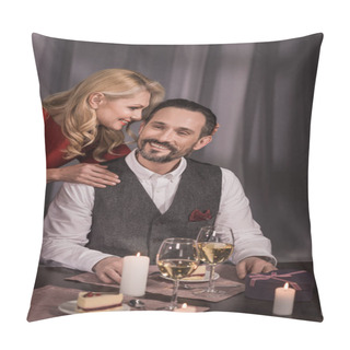 Personality  Wife Hugging Husband And Saying Something During Dinner Pillow Covers