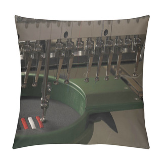 Personality  A Sewing Machine Embroiders Various Companies And Engravings. Concept Of: Automated Work, Sewing Machine, Engraving, Thread, Fabric, Needle. Pillow Covers