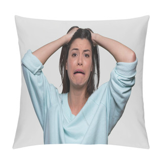 Personality  Distressed And Helpless Woman Holding Her Head Suffering From Mental Pain, Anxiety, Hormonal Imbalance, Frightened Expression Pillow Covers