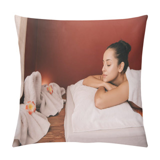 Personality  Attractive Woman With Closed Eyes Lying On Massage Mat  Pillow Covers