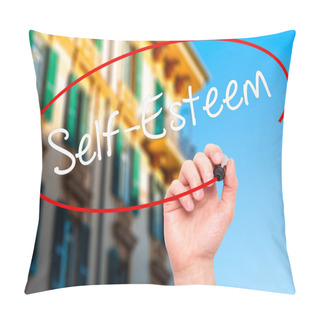 Personality  Man Hand Writing Self-Esteem With Black Marker On Visual Screen. Pillow Covers
