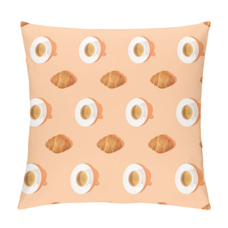 Personality  Top View Of Fresh Croissants On Plates And Coffee On Orange, Seamless Background Pattern Pillow Covers