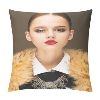 Personality  Glamour. Portrait Of Honorable Fashionable Woman In Rufous Fur Collar Pillow Covers