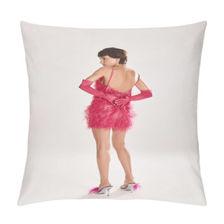 Personality  A Fashionable Young Woman Poses In A Short Pink Dress Adorned With Feathers. Pillow Covers