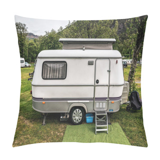 Personality  Camping Trailer Stands In Campsite In Norway Pillow Covers