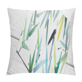 Personality  Top View Of Paper With Japanese Painting With Multicolored Leaves On Wooden Background, Panoramic Shot Pillow Covers