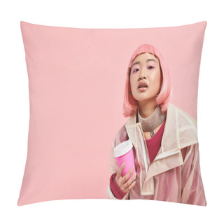 Personality  Attractive Asian Girl In Her 20s With Pink Hair Posing With Cup Of Coffee On Vibrant Background Pillow Covers