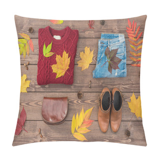 Personality  Women's Autumn Outfit On Wooden Background Pillow Covers