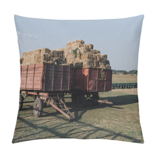 Personality  Rural Scene With Two Hindcarriage Full Of Stacked Hay At Farm In Countryside Pillow Covers