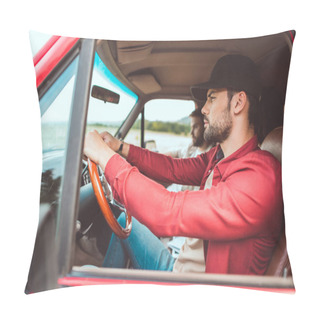Personality  Side View Of Serious Young Men Riding Car In Field Pillow Covers