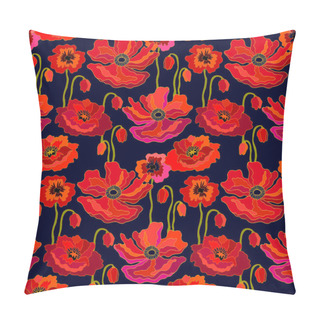 Personality  Poppies Field. Seamless Vector Pattern With Blooming Wildflowers. 1950s, 1960s Motifs. Pillow Covers