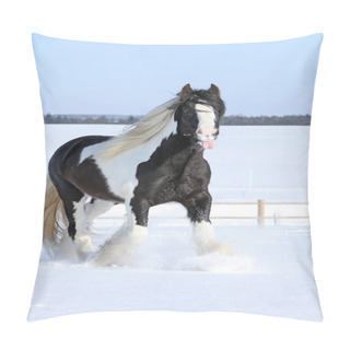 Personality  Amazing Stallion Of Irish Cob Running In Winter Pillow Covers
