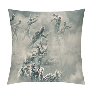 Personality  Attack Zombie Army On Battlefield. Illustration In Genre Of Horror. Scary Background With Fog. Pillow Covers