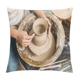 Personality  Top View Of Young Female Potter In Apron Making Shape Of Clay Vase With Wooden Tool On Spinning Pottery Tool In Ceramic Workshop, Clay Shaping And Forming Process Pillow Covers