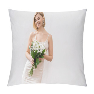 Personality  Joyous And Blonde Bride In Wedding Dress Holding Bouquet On Grey Background, White Flowers, Bridal Accessories, Happiness, Special Occasion,   Beautiful, Feminine, Blissful  Pillow Covers