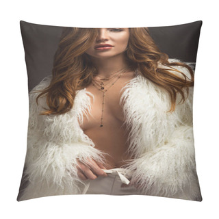 Personality  Sexy Woman With Unbuttoned Fluffy Jacket Touching Trousers Belt Pillow Covers