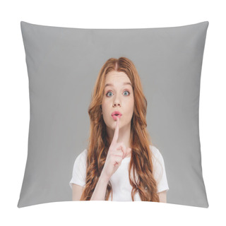 Personality  Beautiful Redhead Girl Looking At Camera And Doing Silent Gesture Isolated On Grey Pillow Covers