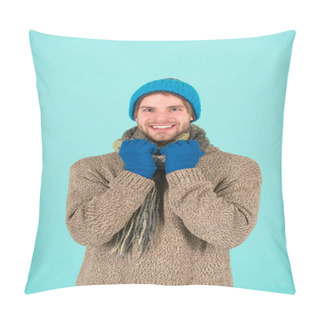 Personality  Cold Days, Warm Hearts. Happy Man Feel Holiday Spirit. Man Wear Winter Clothes In Cold Weather. Cozy Winter Wishes. Happy Holiday Season Pillow Covers