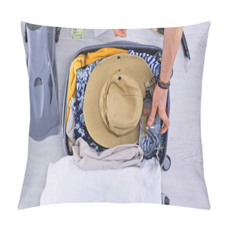 Personality  Top View Of Man Putting Swimming Mask While Packing Luggage  Pillow Covers