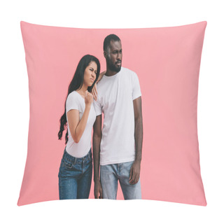 Personality  Aggressive Young African American Woman Showing Fist While Her Boyfriend Standing Near Isolated On Pink Background  Pillow Covers