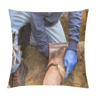 Personality  Plumber Man Digging Out Clogged Sewer Line Closeup Pillow Covers