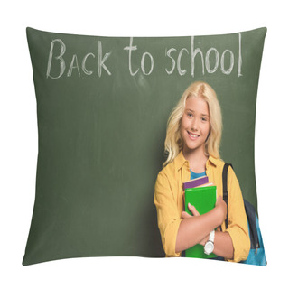 Personality  Smiling Schoolgirl With Books Standing Near Chalkboard With Back To School Lettering Pillow Covers