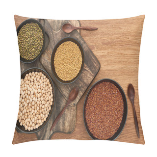 Personality  Top View Of Bowls With Moong Beans, Chickpea And Cereals On Wooden Cutting Boards With Spoons Pillow Covers
