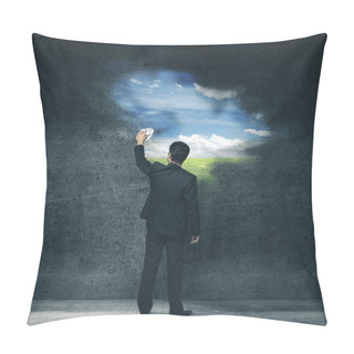 Personality  Businessman Erases Wall In Blue Field. Leadership And Success Concept Pillow Covers