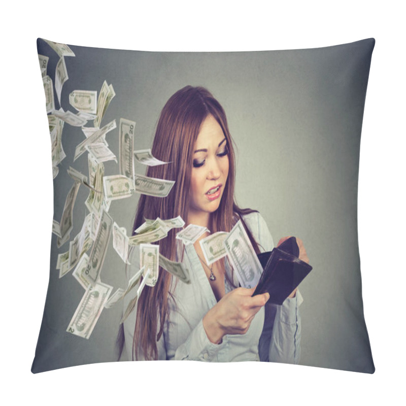 Personality  Woman Looking At Wallet Money Dollar Banknotes Flying Out Away  Pillow Covers