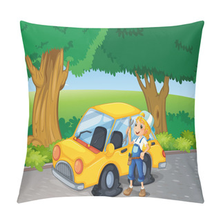 Personality A Girl Fixing The Yellow Car Near The Big Trees Pillow Covers