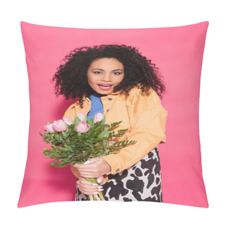 Personality  Amazed Curly African American Woman Holding Bouquet Of Flowers On Pink  Pillow Covers