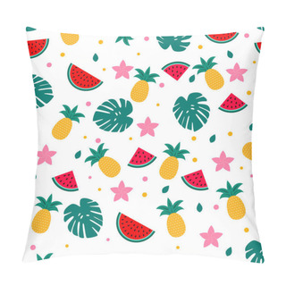 Personality  Summer Seamless Pattern With Watermelons, Pineapples And Palm Leaves. Seasonal Vector Background. Easy To Edit Template With For Poster, Card, Banner, Flyer, Sticker, Fabric, Clothes.  Pillow Covers