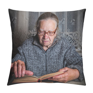 Personality  Elderly Woman Reads Book In Rustic Interior. Toned Pillow Covers
