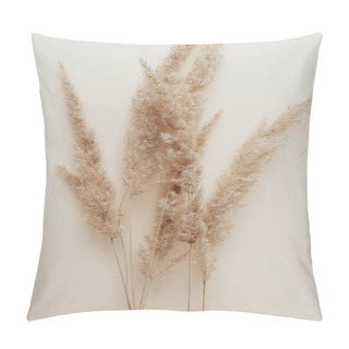 Personality  Dry Pampas Grass Reeds Agains On Beige Background. Beautiful Pattern With Neutral Colors. Minimal, Stylish, Monochrome Concept. Flat Lay, Top View, Copy Space. Set Sail Champagne Trend Color 2021 Pillow Covers