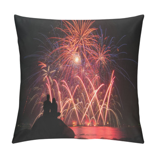Personality  Silhouettes Of Couple Sitting On Rock. Watch The Beautiful Fireworks Celebration At Night. Pillow Covers