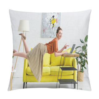 Personality  Elegant Young Woman Levitating In Air And Pointing With Finger At Laptop  Pillow Covers
