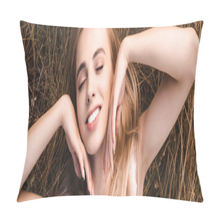 Personality  Panoramic Concept Of Sensual Blonde Woman Touching Face While Lying On Grass With Closed Eyes, Top View Pillow Covers